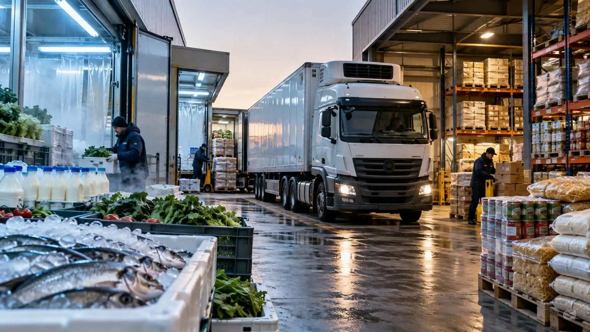 Alimenti deperibili e non deperibili in un magazzino logistico con camion refrigerato